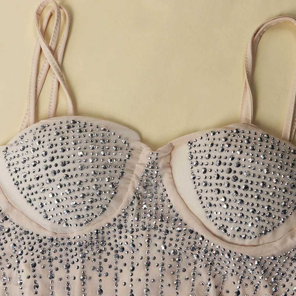 CM.YAYA Mesh See Though Hot Rhinestones Plunging V-neck Midi Bodycon Dress  Women Sexy Club Party Dresses Pencil Vestidos