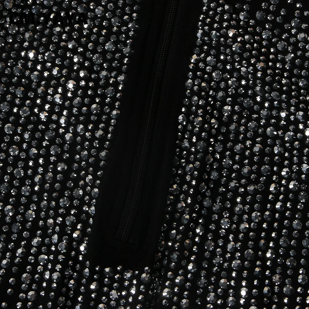 CM.YAYA Mesh See Though Hot Rhinestones Plunging V-neck Midi Bodycon Dress  Women Sexy Club Party Dresses Pencil Vestidos