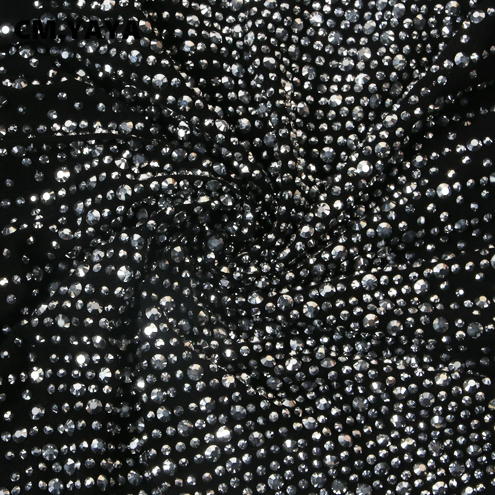 CM.YAYA Mesh See Though Hot Rhinestones Plunging V-neck Midi Bodycon Dress  Women Sexy Club Party Dresses Pencil Vestidos