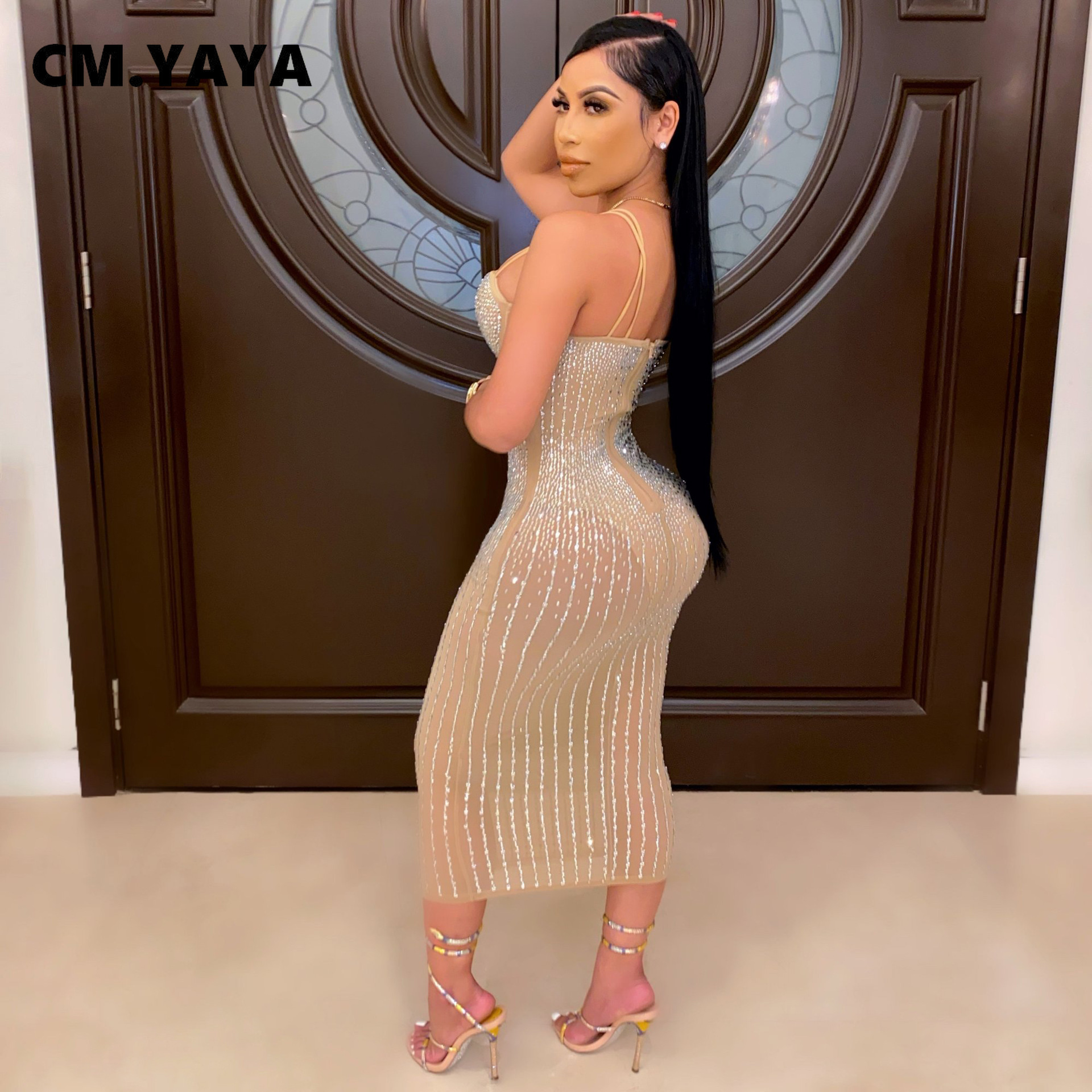 CM.YAYA Mesh See Though Hot Rhinestones Plunging V-neck Midi Bodycon Dress  Women Sexy Club Party Dresses Pencil Vestidos