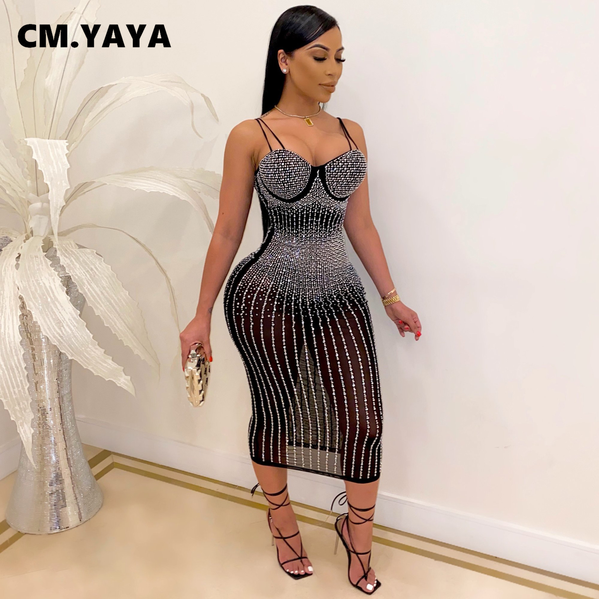 CM.YAYA Mesh See Though Hot Rhinestones Plunging V-neck Midi Bodycon Dress  Women Sexy Club Party Dresses Pencil Vestidos