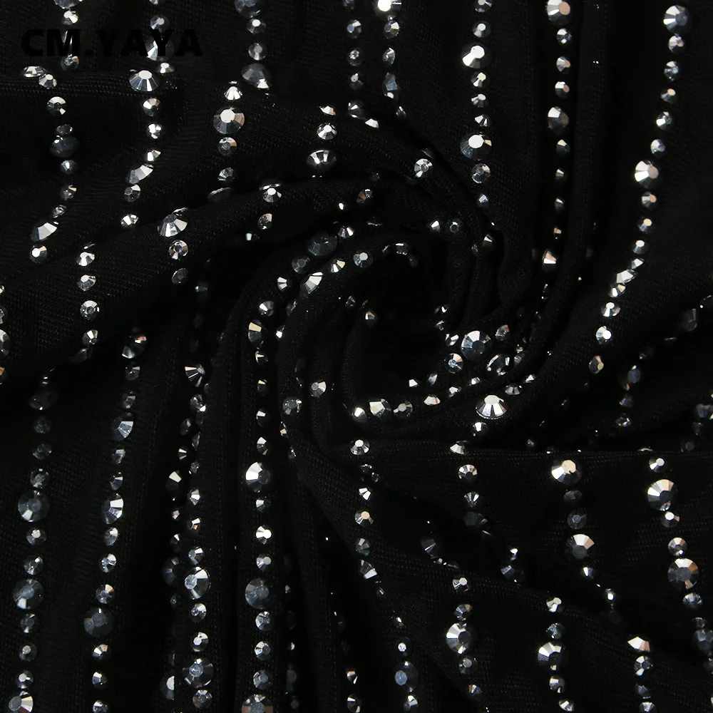 CM.YAYA Mesh See Though Hot Rhinestones Plunging V-neck Midi Bodycon Dress  Women Sexy Club Party Dresses Pencil Vestidos