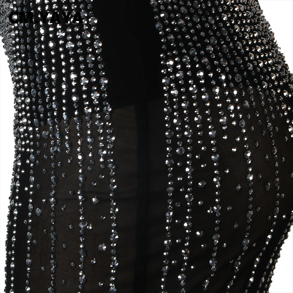 CM.YAYA Mesh See Though Hot Rhinestones Plunging V-neck Midi Bodycon Dress  Women Sexy Club Party Dresses Pencil Vestidos