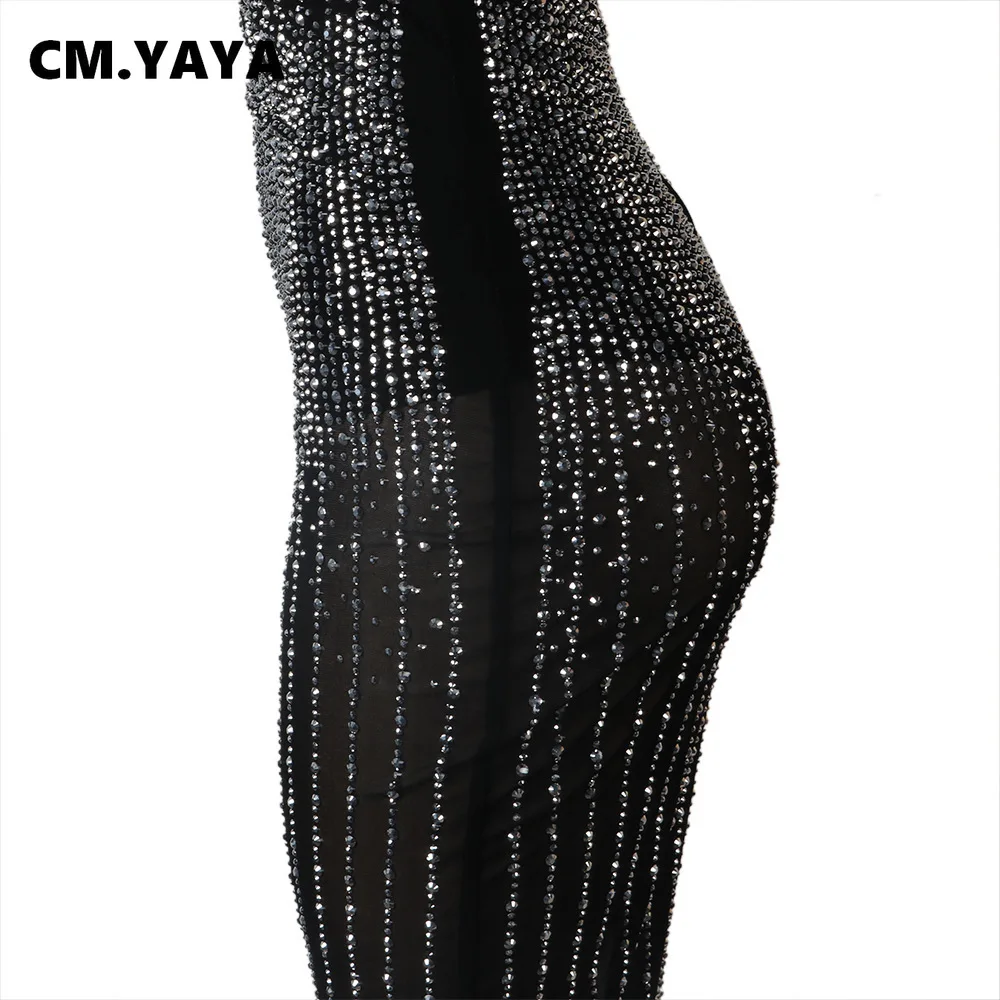 CM.YAYA Mesh See Though Hot Rhinestones Plunging V-neck Midi Bodycon Dress  Women Sexy Club Party Dresses Pencil Vestidos