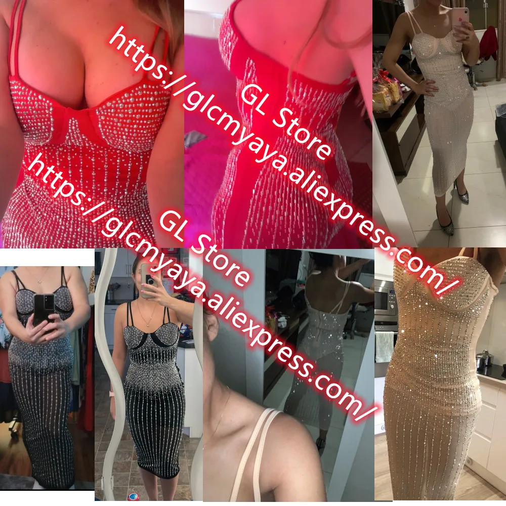 CM.YAYA Mesh See Though Hot Rhinestones Plunging V-neck Midi Bodycon Dress  Women Sexy Club Party Dresses Pencil Vestidos