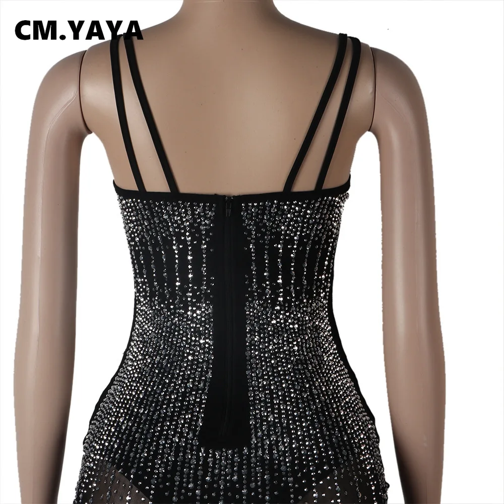 CM.YAYA Mesh See Though Hot Rhinestones Plunging V-neck Midi Bodycon Dress  Women Sexy Club Party Dresses Pencil Vestidos