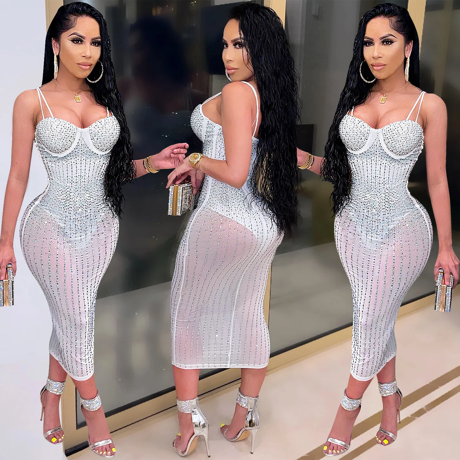 CM.YAYA Mesh See Though Hot Rhinestones Plunging V-neck Midi Bodycon Dress  Women Sexy Club Party Dresses Pencil Vestidos
