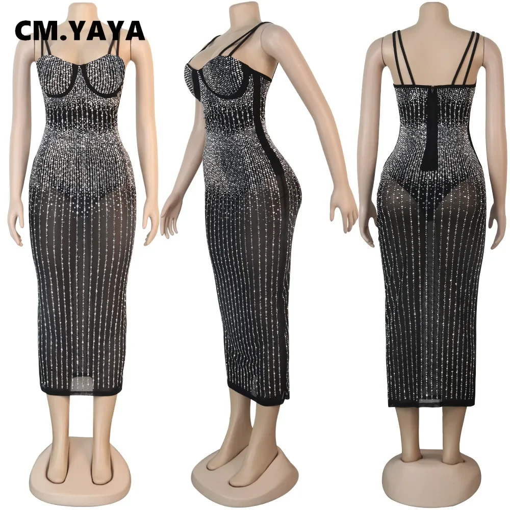 CM.YAYA Mesh See Though Hot Rhinestones Plunging V-neck Midi Bodycon Dress  Women Sexy Club Party Dresses Pencil Vestidos