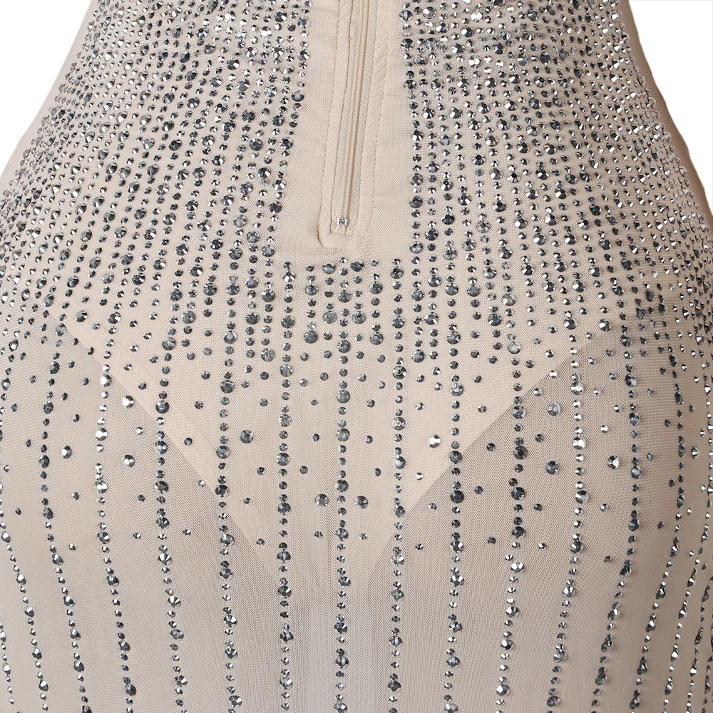 CM.YAYA Mesh See Though Hot Rhinestones Plunging V-neck Midi Bodycon Dress  Women Sexy Club Party Dresses Pencil Vestidos