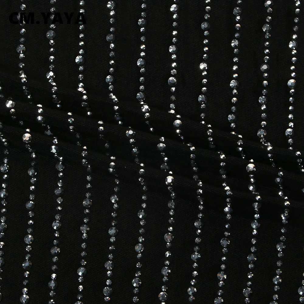 CM.YAYA Mesh See Though Hot Rhinestones Plunging V-neck Midi Bodycon Dress  Women Sexy Club Party Dresses Pencil Vestidos