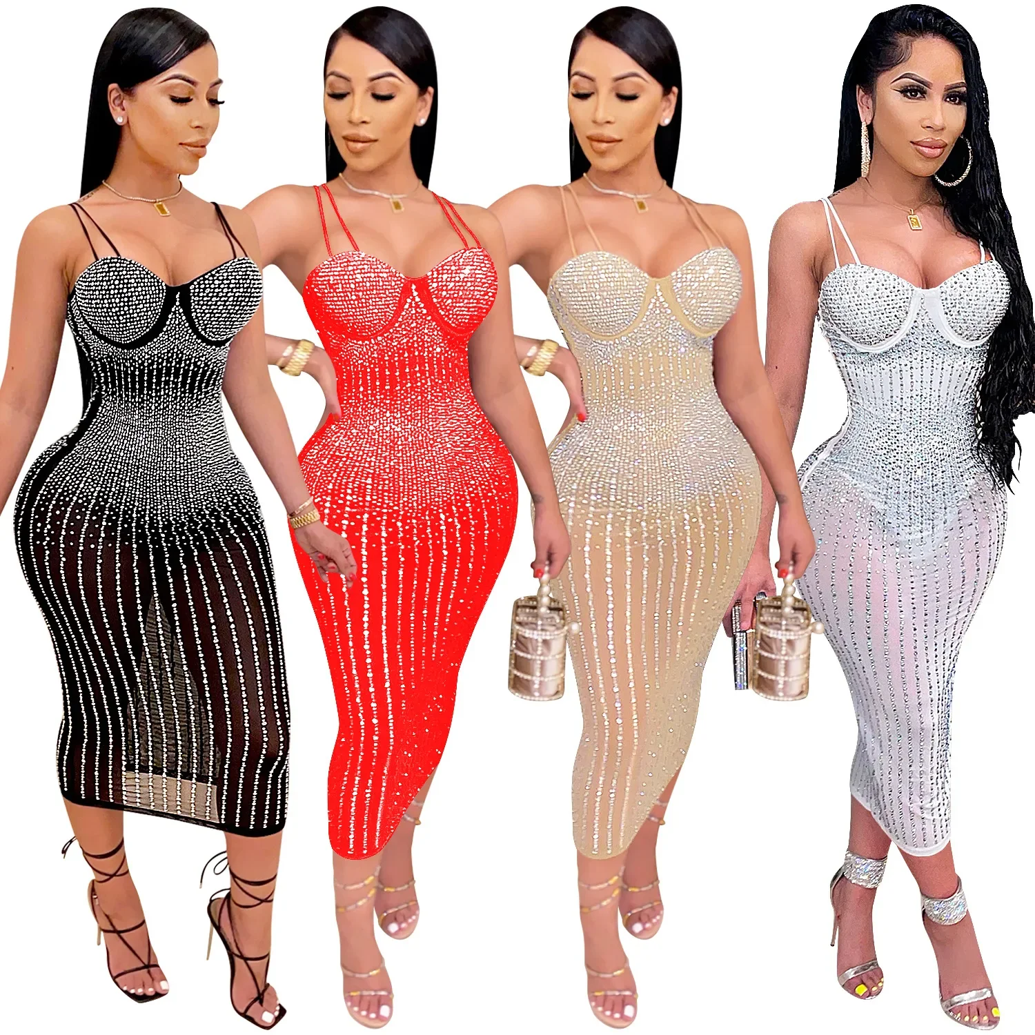 CM.YAYA Mesh See Though Hot Rhinestones Plunging V-neck Midi Bodycon Dress  Women Sexy Club Party Dresses Pencil Vestidos