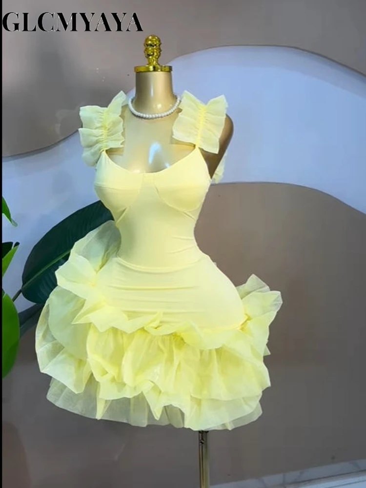 CM.YAYA Women Sleeveless Tierred Ruffles Hem Tank U-neck  A-line Mini Dress Sexy Street Birthday Party Evening Trendy Dresses