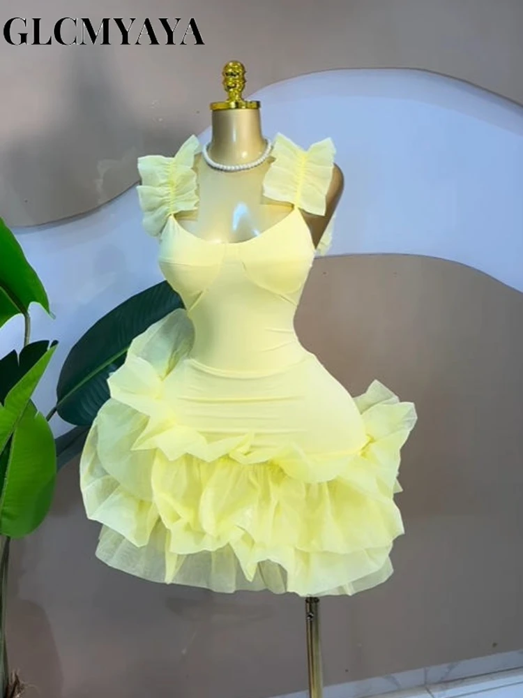 CM.YAYA Women Sleeveless Tierred Ruffles Hem Tank U-neck  A-line Mini Dress Sexy Street Birthday Party Evening Trendy Dresses