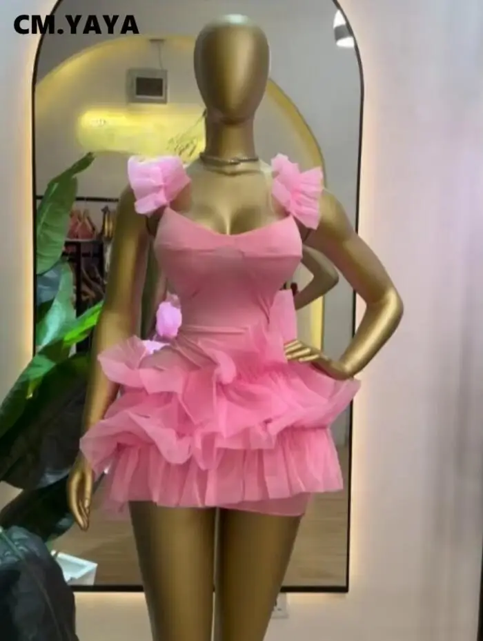 CM.YAYA Women Sleeveless Tierred Ruffles Hem Tank U-neck  A-line Mini Dress Sexy Street Birthday Party Evening Trendy Dresses