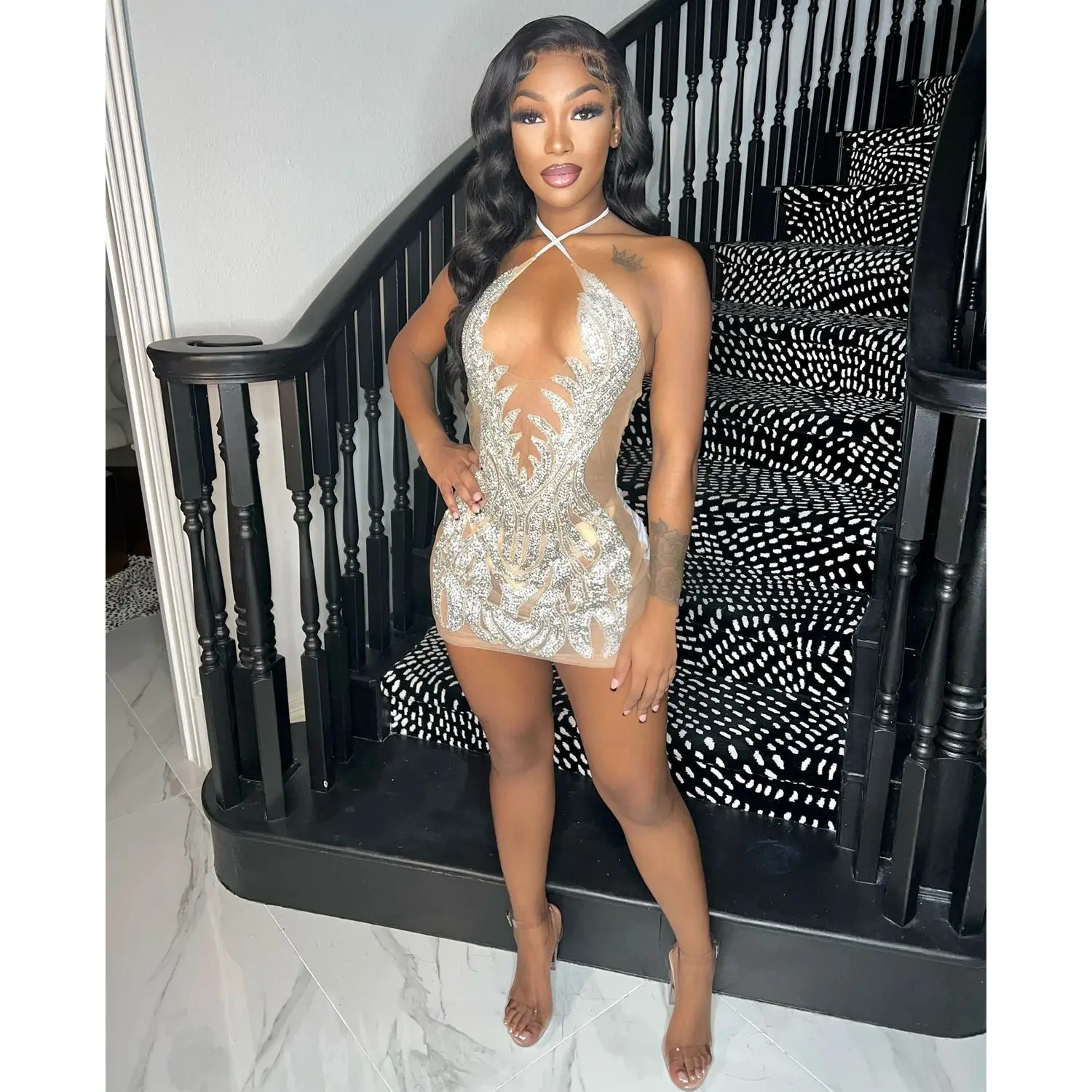 CM.YAYA Women Mesh See Though Diamonds Hot Rhinestones Halter Neck Backless Bodycon Midi Dress 2023 Sexy Party Evening Dresses CM.YAYA Women Mesh See Though Diamonds Hot Rhinestones Halter Neck Backless Bodycon Midi Dress 2023 Sexy Party Evening Dresses