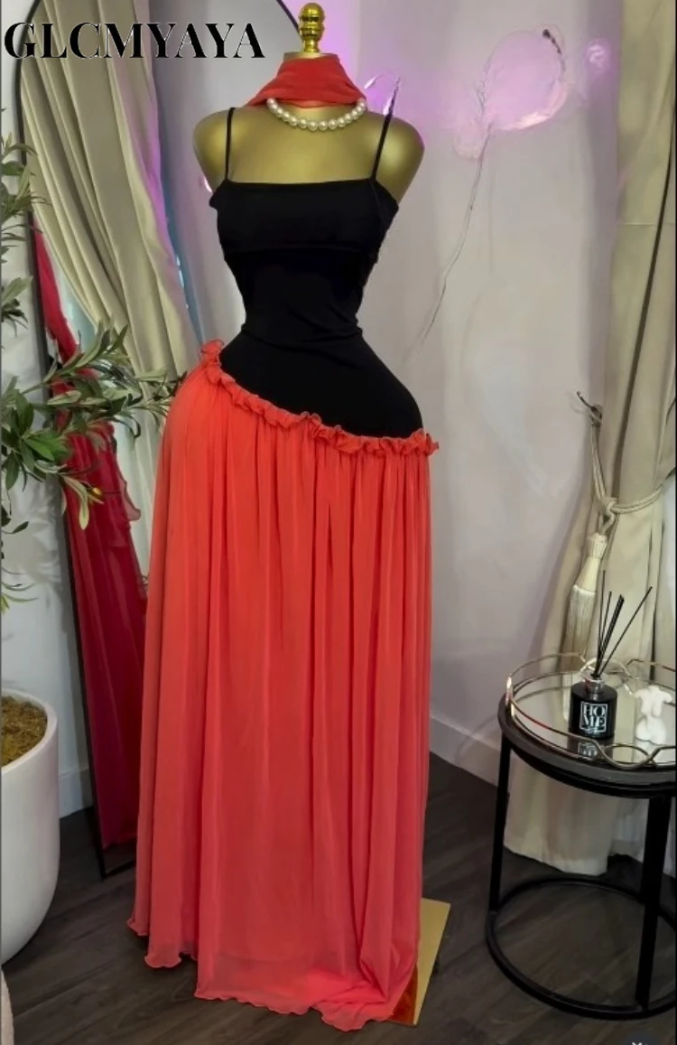 GLCMYAYA Women Sleeveless Strap Patchwork Ruffles A-line Long Dress with Scarf 2026 Street Beach Evening Birthday Party Dresses GLCMYAYA Women Sleeveless Strap Patchwork Ruffles A-line Long Dress with Scarf 2026 Street Beach Evening Birthday Party Dresses