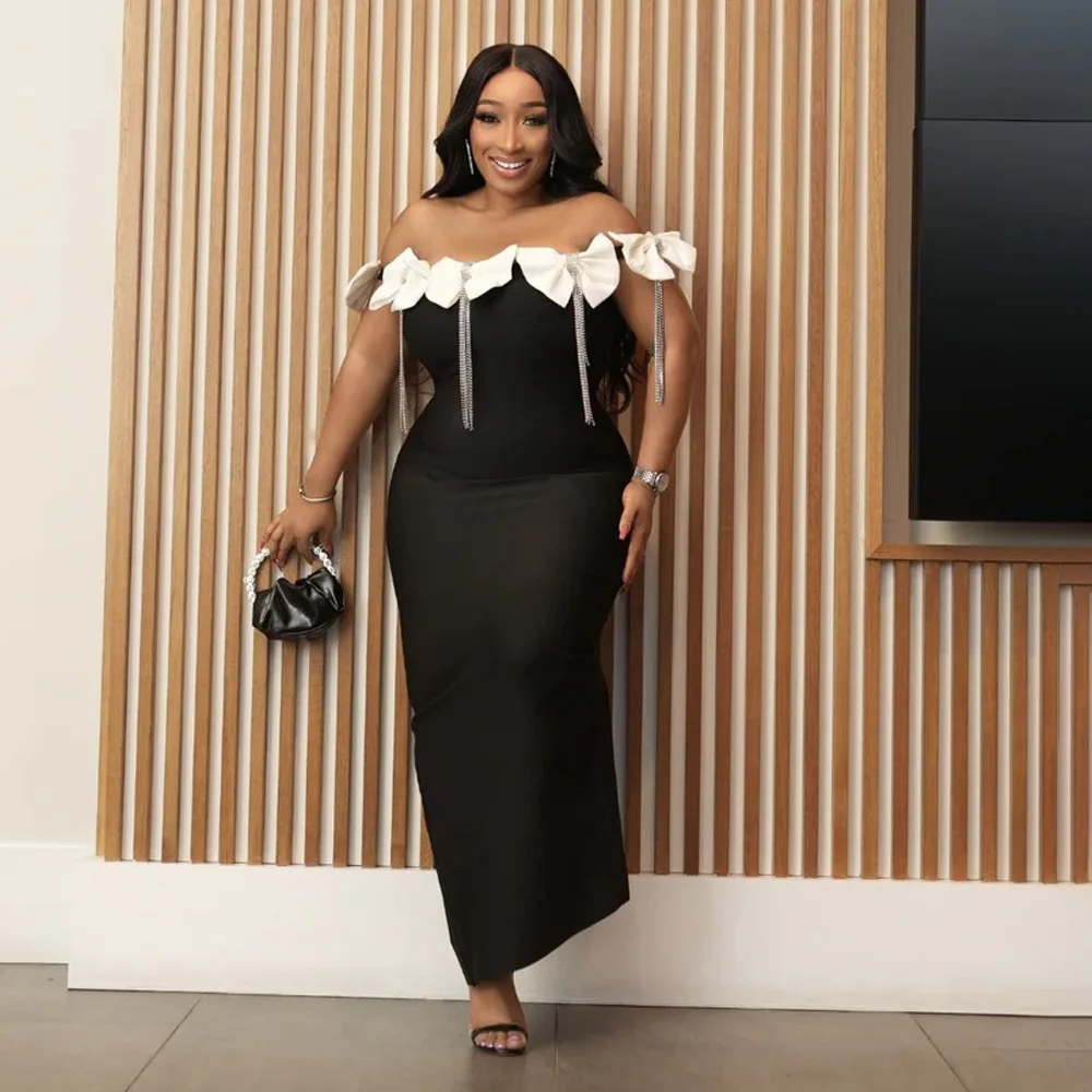 CM.YAYA Women Bow Tassel Slash Neck Maxi Dress 2024 Fall Winter Sexy Birthday Evening Prom Party Street Long Dresses Vestidos