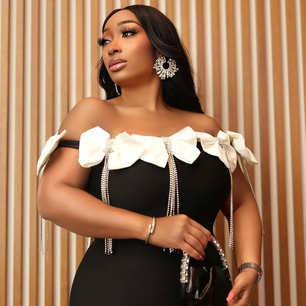 CM.YAYA Women Bow Tassel Slash Neck Maxi Dress 2024 Fall Winter Sexy Birthday Evening Prom Party Street Long Dresses Vestidos