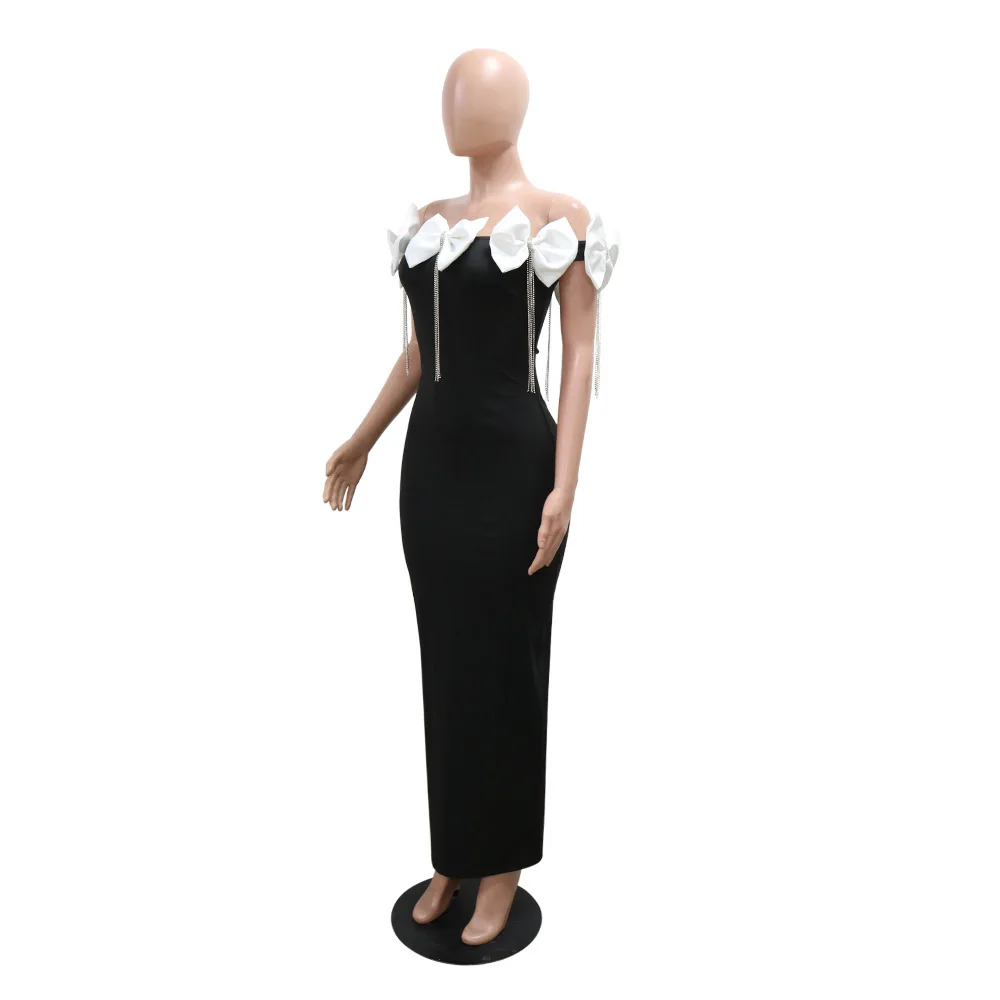 CM.YAYA Women Bow Tassel Slash Neck Maxi Dress 2024 Fall Winter Sexy Birthday Evening Prom Party Street Long Dresses Vestidos