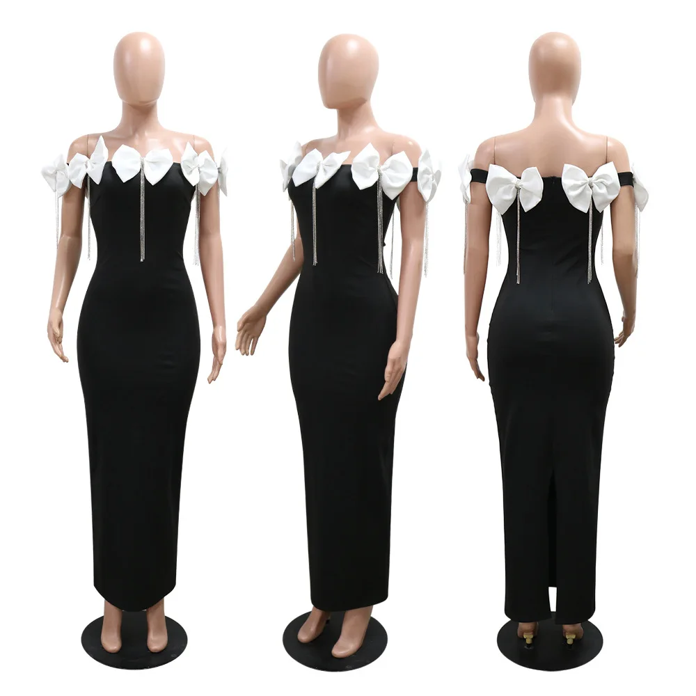 CM.YAYA Women Bow Tassel Slash Neck Maxi Dress 2024 Fall Winter Sexy Birthday Evening Prom Party Street Long Dresses Vestidos