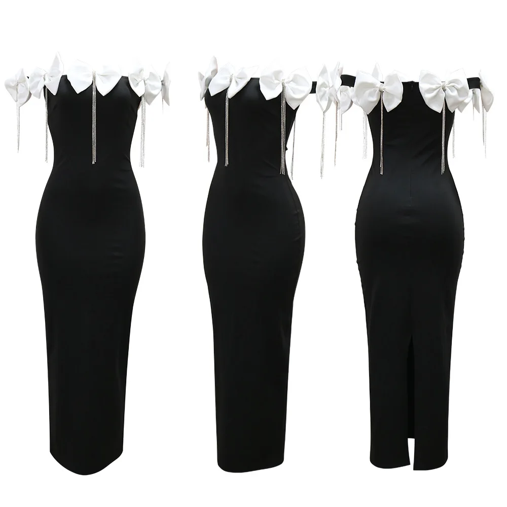 CM.YAYA Women Bow Tassel Slash Neck Maxi Dress 2024 Fall Winter Sexy Birthday Evening Prom Party Street Long Dresses Vestidos