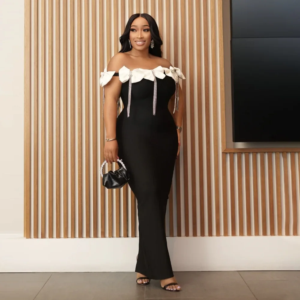 CM.YAYA Women Bow Tassel Slash Neck Maxi Dress 2024 Fall Winter Sexy Birthday Evening Prom Party Street Long Dresses Vestidos
