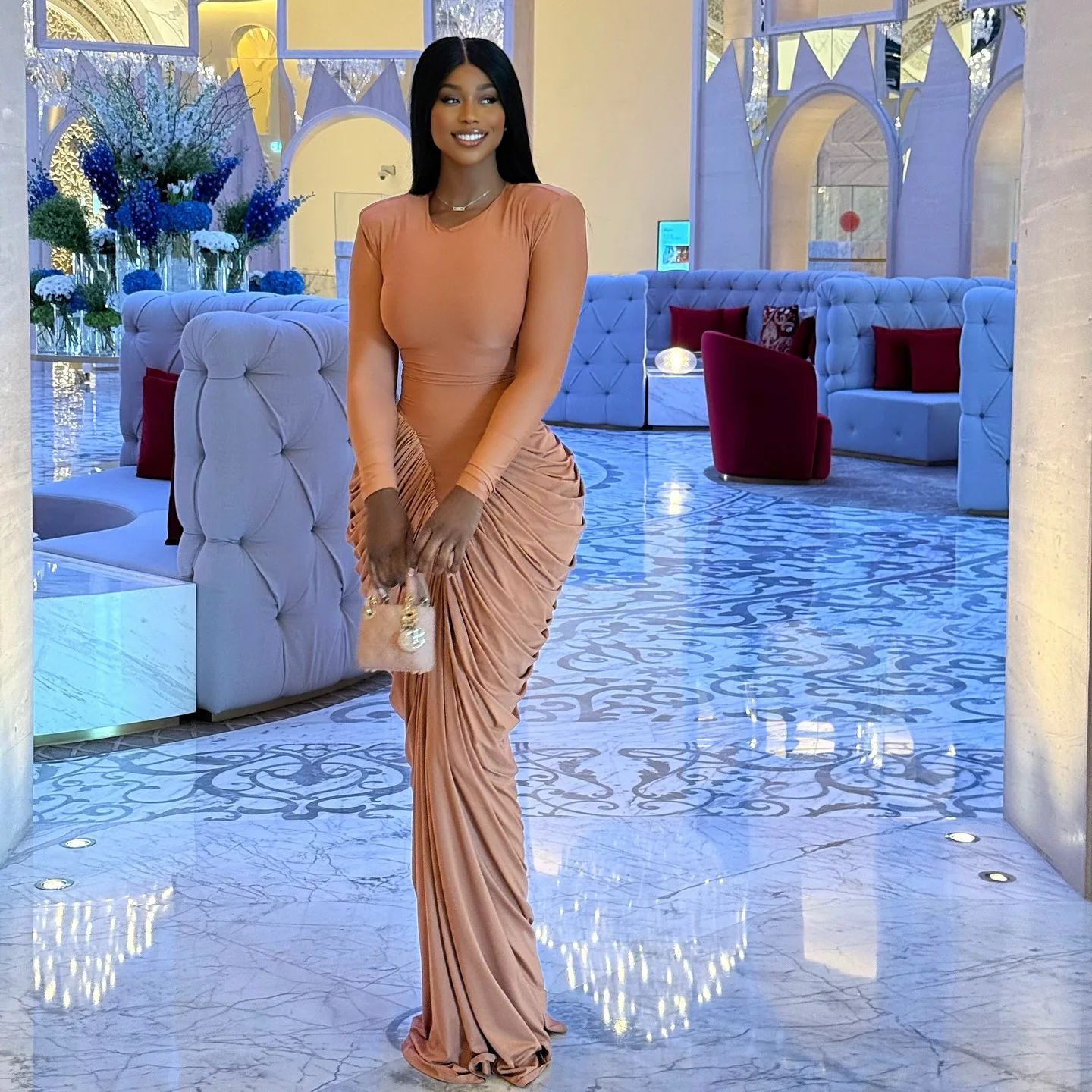 GLCMYAYA Women Stacked Ruched Long Sleeve Bodycon Midi Maxi Long Dress 2026 Fall street Birthday Vacation Sexy Party Dresses