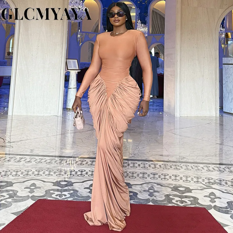 GLCMYAYA Women Stacked Ruched Long Sleeve Bodycon Midi Maxi Long Dress 2026 Fall street Birthday Vacation Sexy Party Dresses