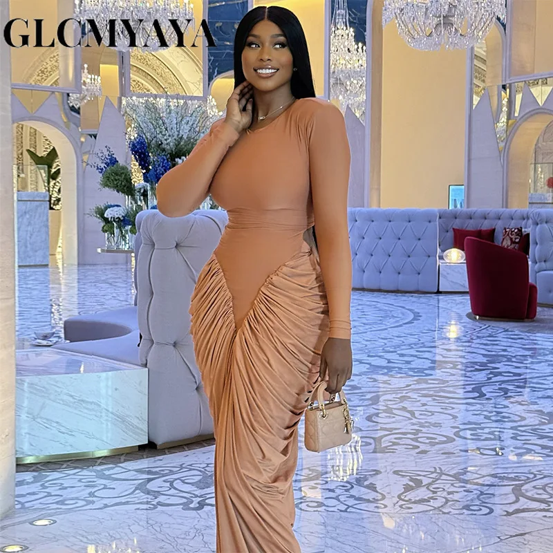 GLCMYAYA Women Stacked Ruched Long Sleeve Bodycon Midi Maxi Long Dress 2026 Fall street Birthday Vacation Sexy Party Dresses