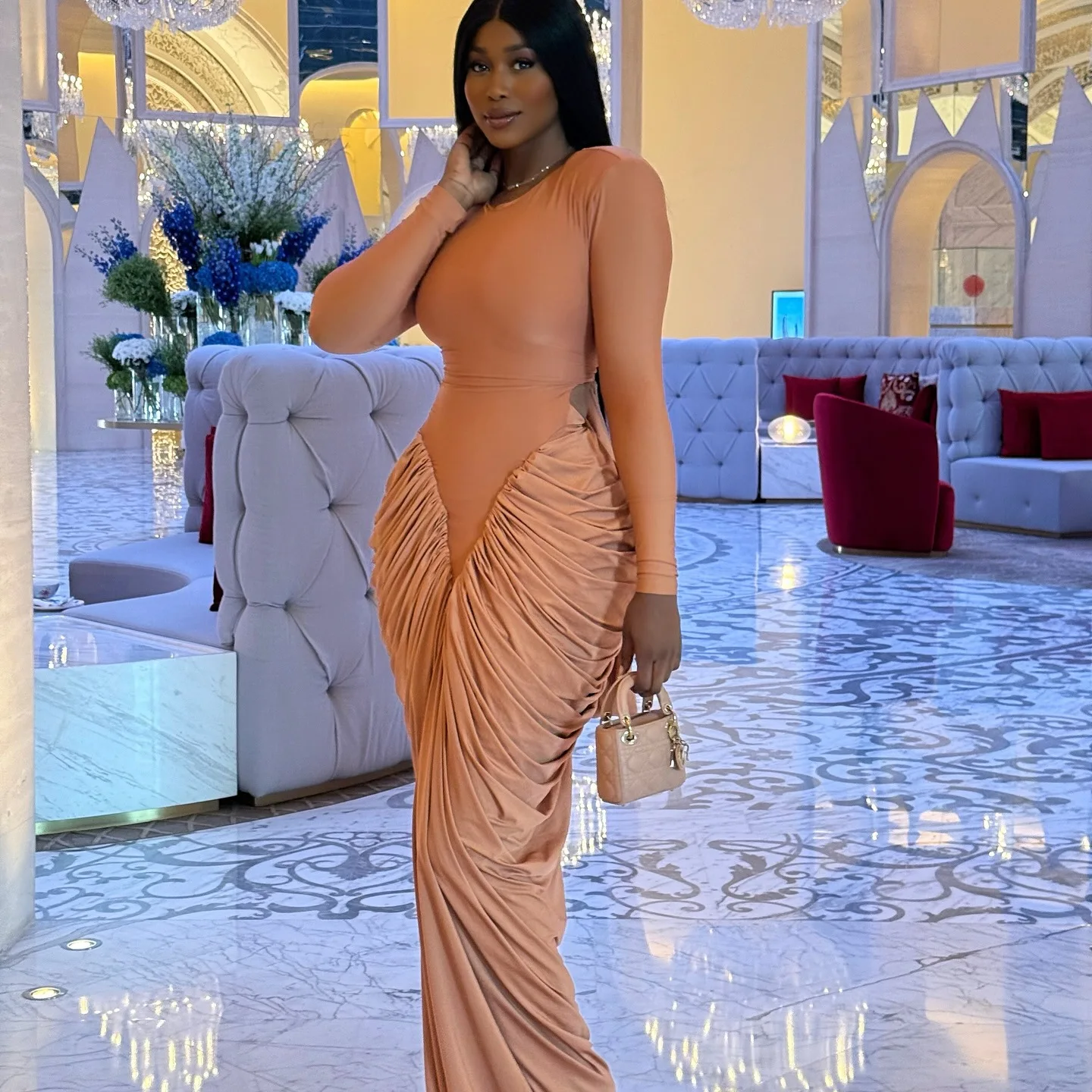 GLCMYAYA Women Stacked Ruched Long Sleeve Bodycon Midi Maxi Long Dress 2026 Fall street Birthday Vacation Sexy Party Dresses