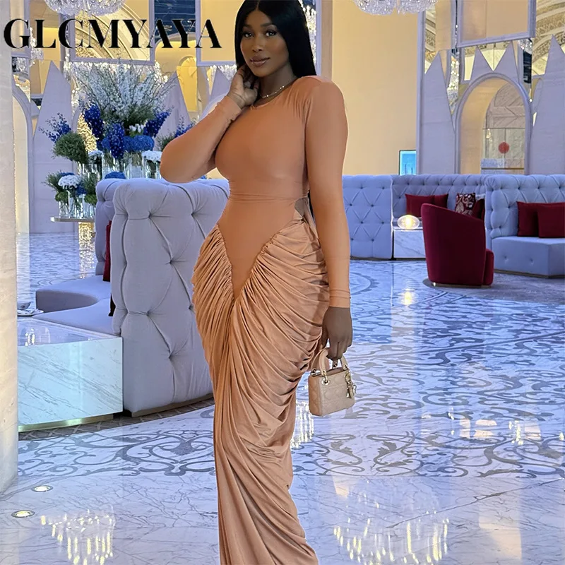 GLCMYAYA Women Stacked Ruched Long Sleeve Bodycon Midi Maxi Long Dress 2026 Fall street Birthday Vacation Sexy Party Dresses