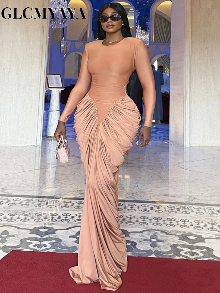 GLCMYAYA Women Stacked Ruched Long Sleeve Bodycon Midi Maxi Long Dress 2026 Fall street Birthday Vacation Sexy Party Dresses