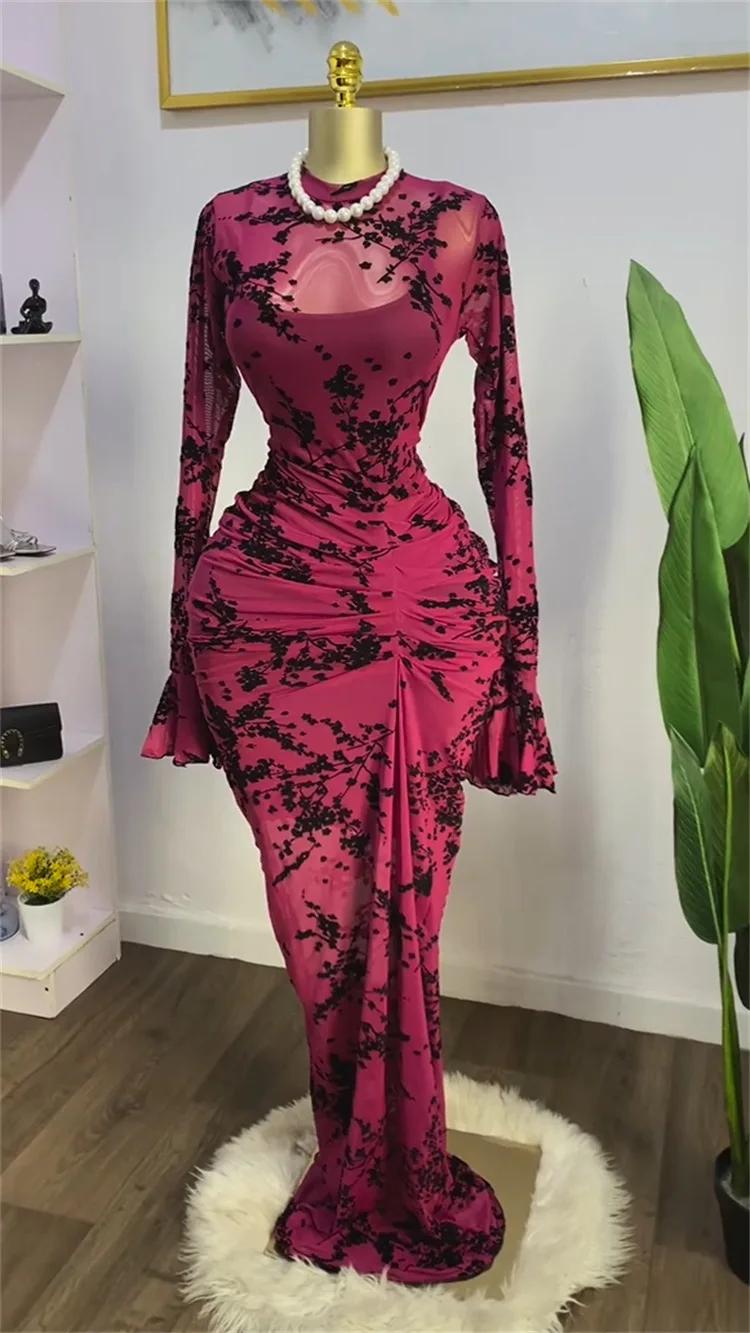 CM.YAYA 2025 Women Long Sleeve Ruched Mesh See Though with Lining Bodycon Long Dress Fall Evening Birthday Sexy Party Dresses CM.YAYA 2025 Women Long Sleeve Ruched Mesh See Though with Lining Bodycon Long Dress Fall Evening Birthday Sexy Party Dresses