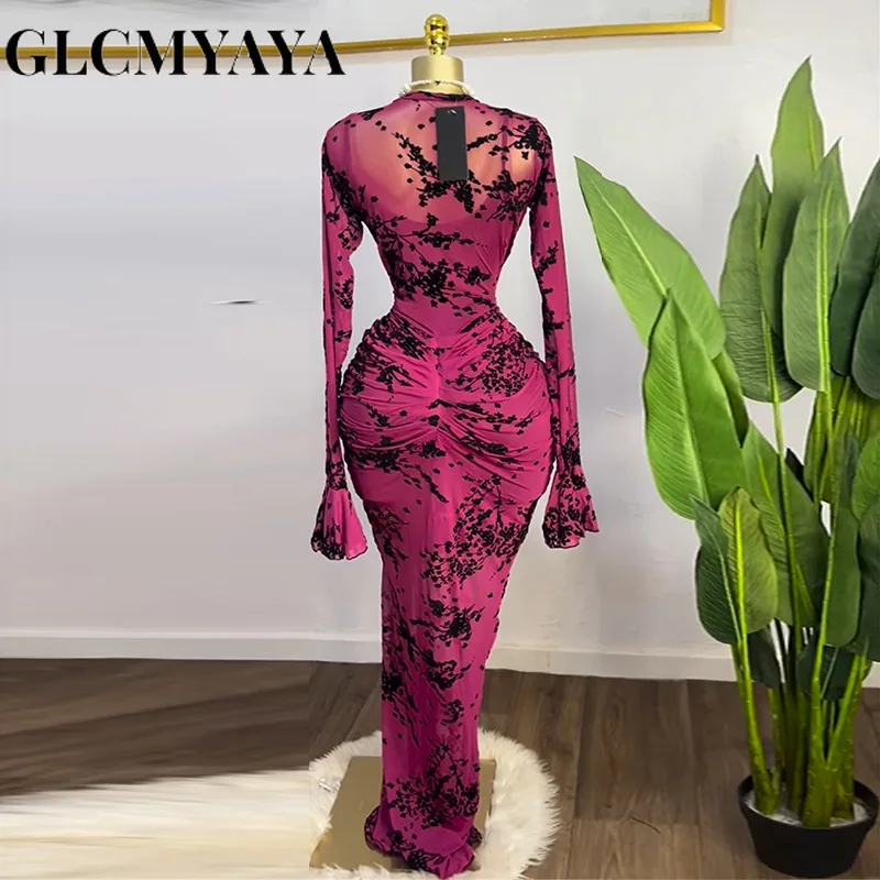 CM.YAYA 2025 Women Long Sleeve Ruched Mesh See Though with Lining Bodycon Long Dress Fall Evening Birthday Sexy Party Dresses