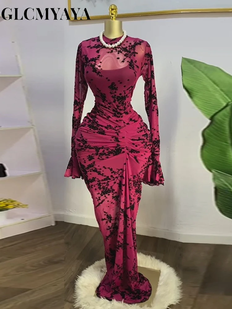 CM.YAYA 2025 Women Long Sleeve Ruched Mesh See Though with Lining Bodycon Long Dress Fall Evening Birthday Sexy Party Dresses