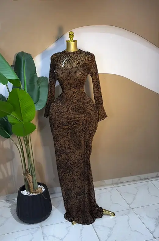 CM.YAYA 2025 Women Long Sleeve Ruched Mesh See Though with Lining Bodycon Long Dress Fall Evening Birthday Sexy Party Dresses