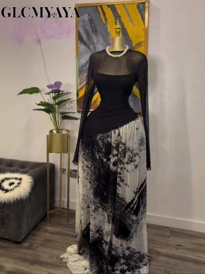 GLCMYAYA Women Mesh Print Full Sleeve O-neck Elegant Long Maxi Dress Fall Birthday Holiday Evening Sexy Party Dresses Vestidos