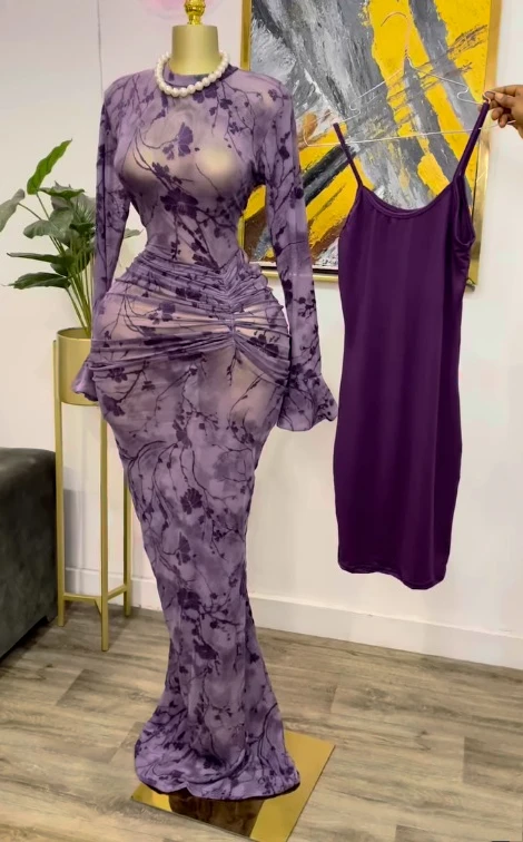 CM.YAYA Women Long Sleeve Stacked Mesh See Though with Lining Bodycon Long Dress 2025 Autumn Evening Birthday Sexy Party Dresses