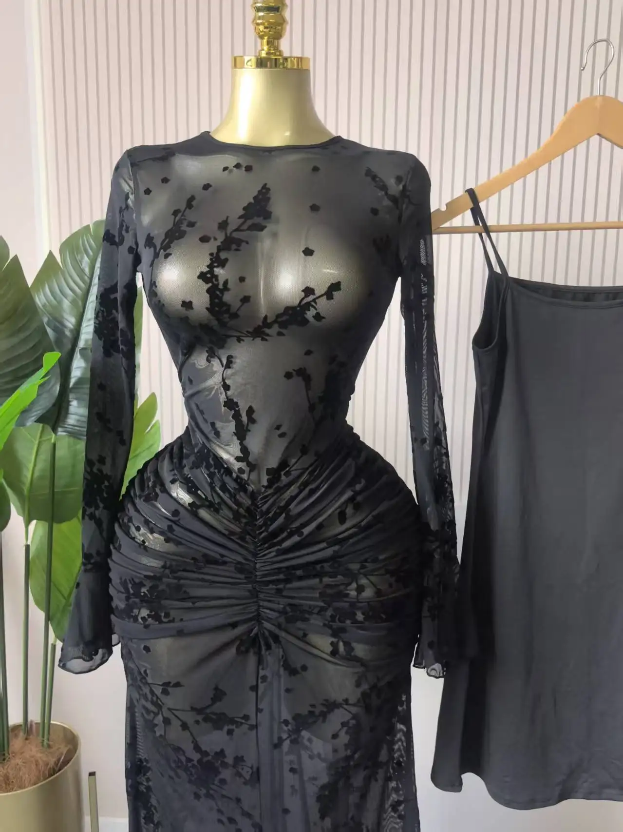 CM.YAYA Women Long Sleeve Stacked Mesh See Though with Lining Bodycon Long Dress 2025 Autumn Evening Birthday Sexy Party Dresses