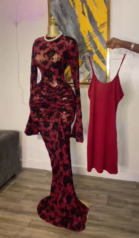 CM.YAYA Women Long Sleeve Stacked Mesh See Though with Lining Bodycon Long Dress 2025 Autumn Evening Birthday Sexy Party Dresses