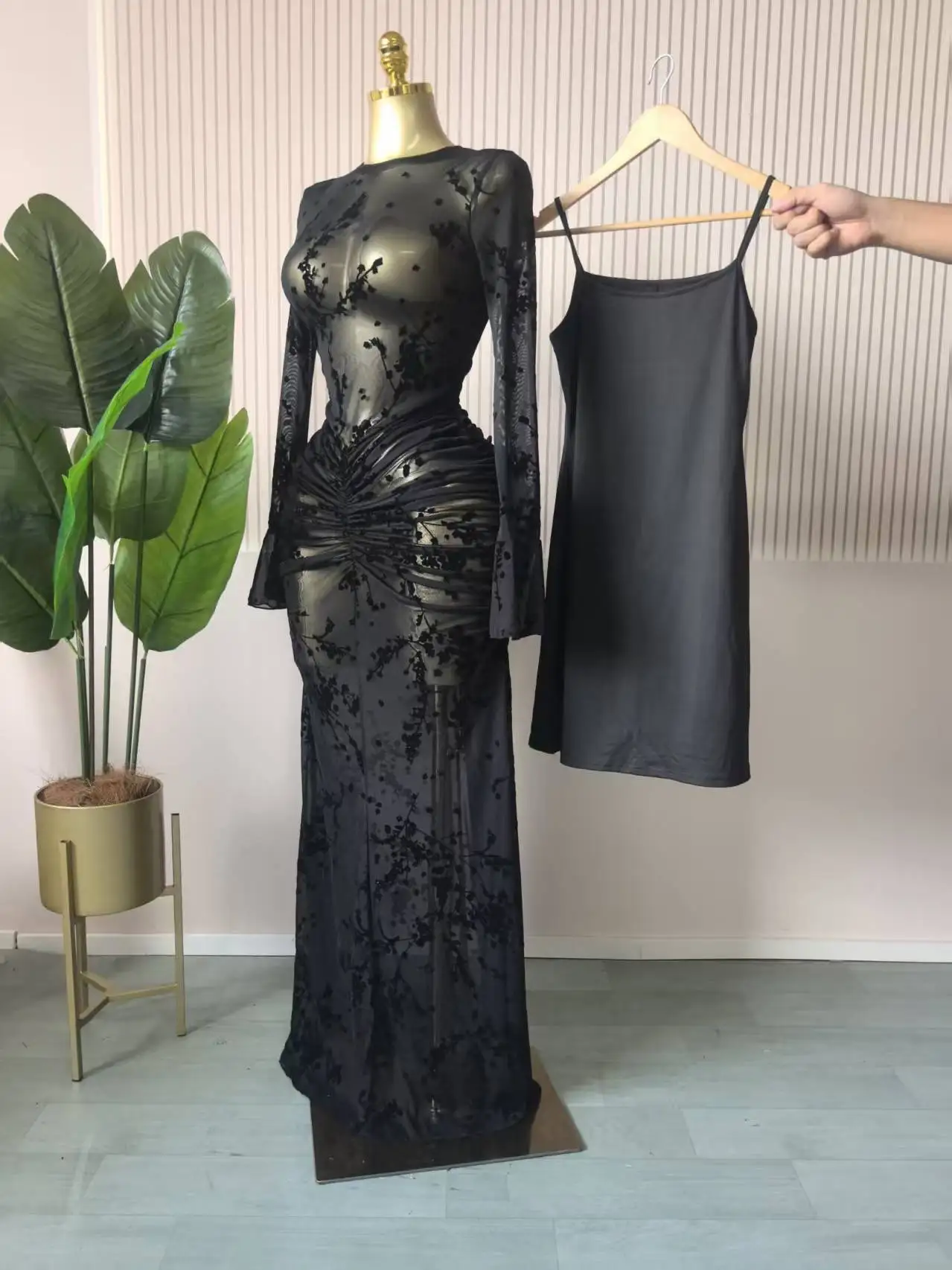 CM.YAYA Women Long Sleeve Stacked Mesh See Though with Lining Bodycon Long Dress 2025 Autumn Evening Birthday Sexy Party Dresses