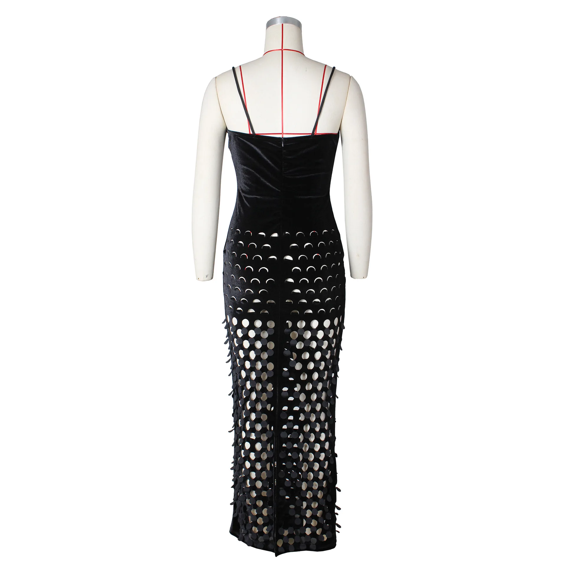 CM.YAYA Women Sleeveless Strap Velvet hollow out Long Maxi Dress Summer Evenning Sexy Night Club Birthday Party Dresses Vestidos