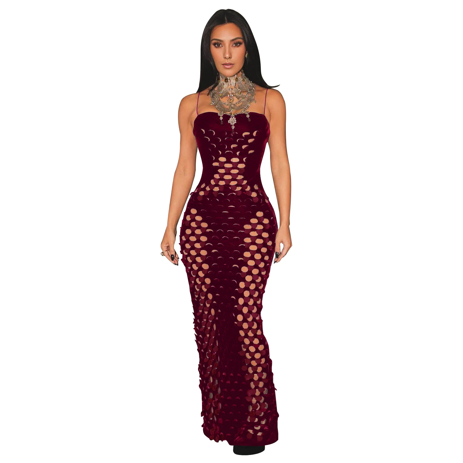 CM.YAYA Women Sleeveless Strap Velvet hollow out Long Maxi Dress Summer Evenning Sexy Night Club Birthday Party Dresses Vestidos