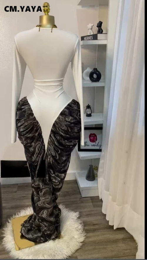 CM.YAYA Women Print Patchwork Stacked Ruched Long Sleeve Bodycon Midi Maxi Long Dress 2025 Birthday Vacation Sexy Party Dresses