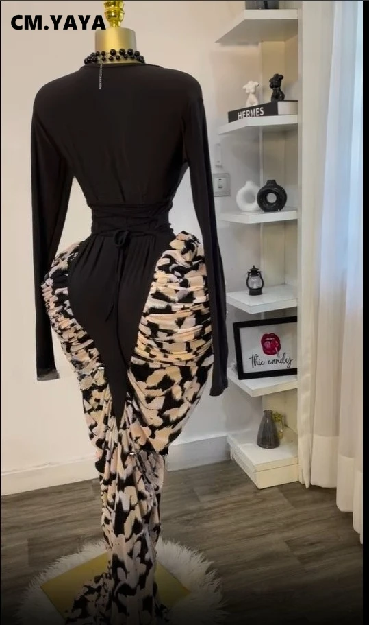 CM.YAYA Women Print Patchwork Stacked Ruched Long Sleeve Bodycon Midi Maxi Long Dress 2025 Birthday Vacation Sexy Party Dresses