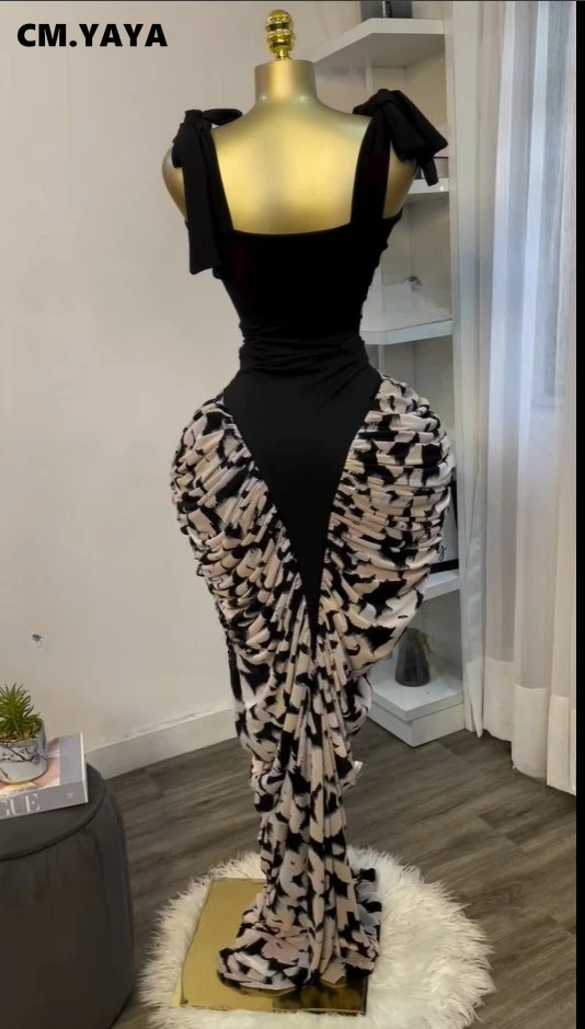 CM.YAYA Women Print Patchwork Stacked Ruched Long Sleeve Bodycon Midi Maxi Long Dress 2025 Birthday Vacation Sexy Party Dresses