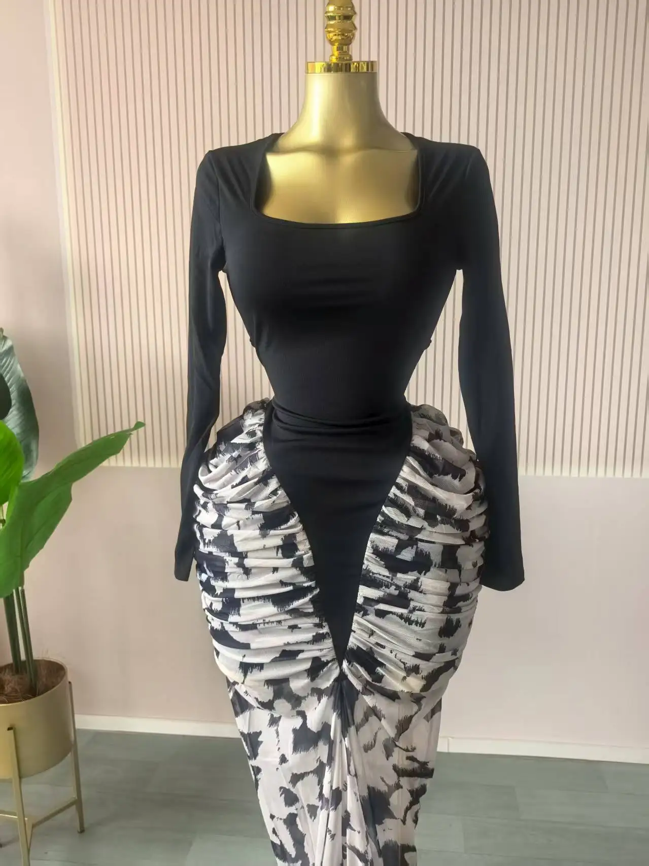 CM.YAYA Women Print Patchwork Stacked Ruched Long Sleeve Bodycon Midi Maxi Long Dress 2025 Birthday Vacation Sexy Party Dresses