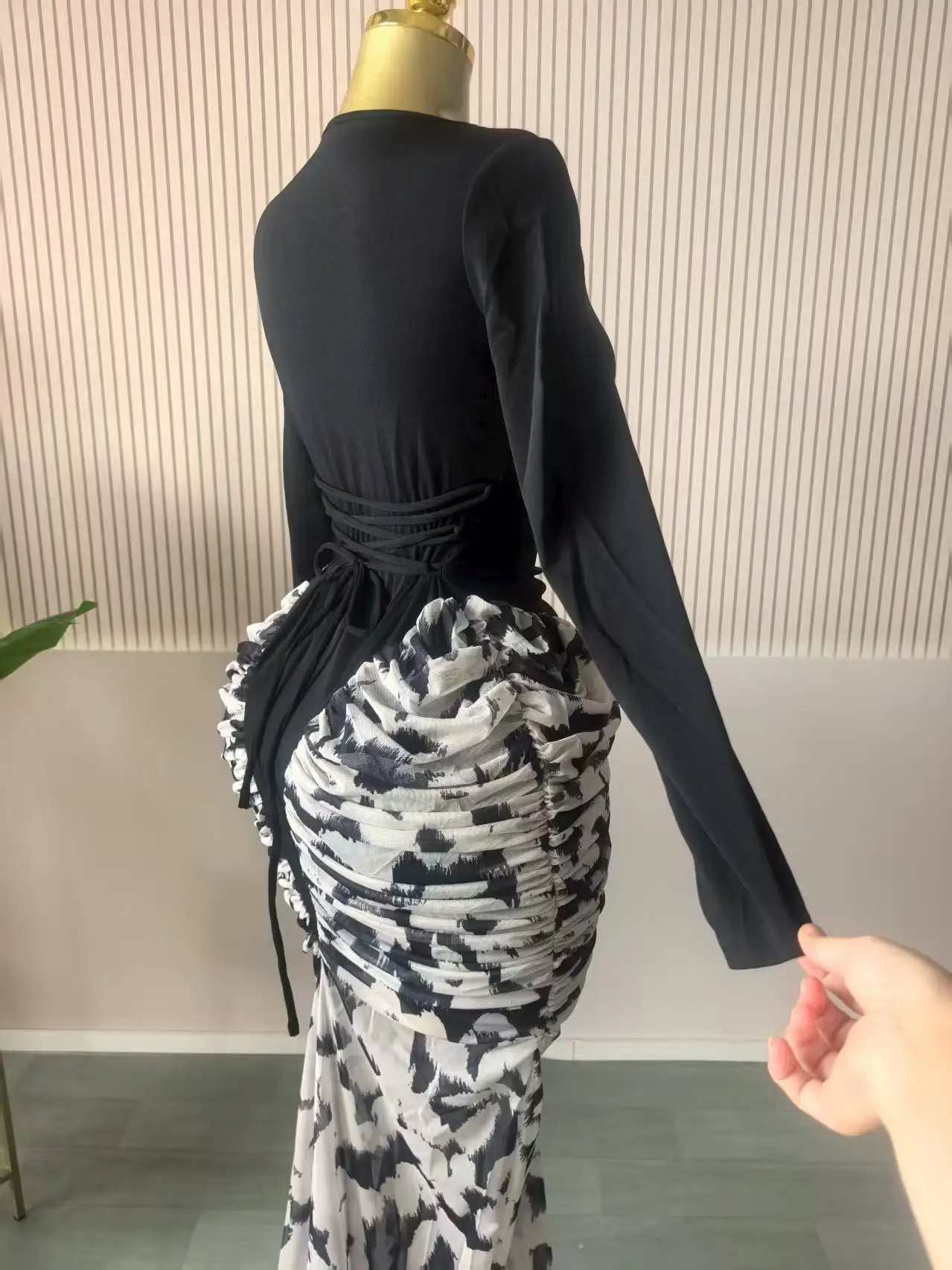 CM.YAYA Women Print Patchwork Stacked Ruched Long Sleeve Bodycon Midi Maxi Long Dress 2025 Birthday Vacation Sexy Party Dresses