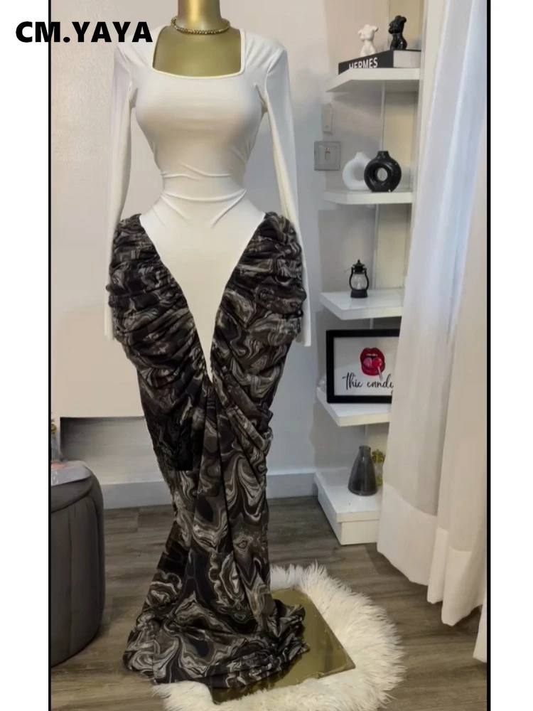 CM.YAYA Women Print Patchwork Stacked Ruched Long Sleeve Bodycon Midi Maxi Long Dress 2025 Birthday Vacation Sexy Party Dresses
