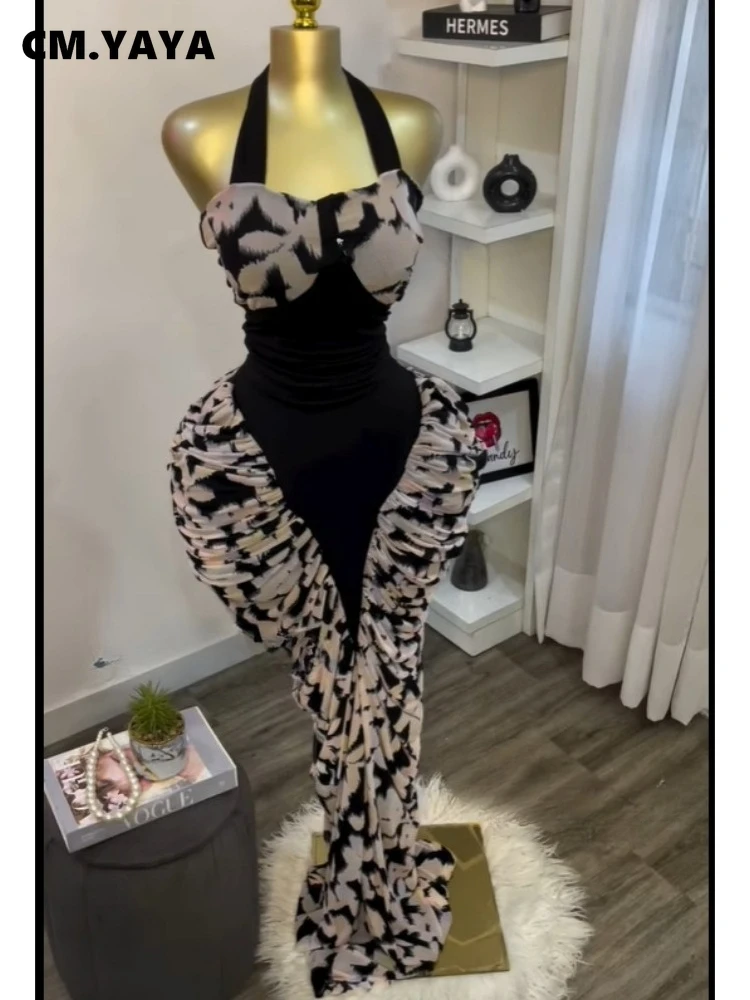 CM.YAYA Women Print Patchwork Stacked Ruched Long Sleeve Bodycon Midi Maxi Long Dress 2025 Birthday Vacation Sexy Party Dresses
